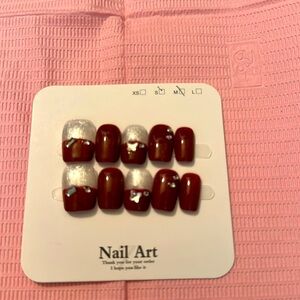 Really adorable red and silver nails, butterfly diamonds design